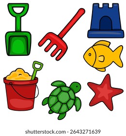 Delightful vector illustration of colorful beach toys, a sea turtle, starfish, and fish, perfect for summer-themed designs.