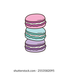 A delightful vector illustration of colorful French macarons stacked and arranged elegantly. Perfect for bakery branding, menu designs, food packaging, or French patisserie-themed projects.