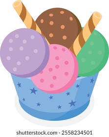 A delightful vector illustration of a colorful ice cream cup featuring scoops of vibrant ice cream in pastel hues, topped with crispy wafer sticks.