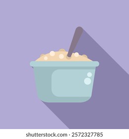 Delightful vector illustration of a creamy rice pudding in a bowl with spoon on a purple background