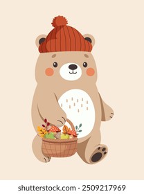 Una deliciosa Ilustración vectorial de un lindo cachorro de oso con un sombrero rojo, sosteniendo una canasta llena de champiñones y manzanas