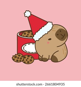A delightful vector illustration of a cute capybara celebrating Christmas with a festive chocolate chip cookie hamper.