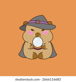 Una deliciosa Ilustración vectorial de un lindo capibara vestido como una encantadora bruja, sosteniendo una brillante bola de cristal de plasma, perfecto para temas de Halloween.