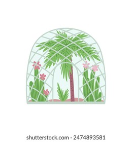 Delightful vector illustration of a dome-shaped greenhouse featuring a tall palm tree, surrounded by lush foliage and blooming pink flowers, all contained within a tranquil, glass-enclosed space