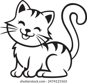 A delightful vector illustration featuring a charming cat silhouette in a playful pose. The cat is adorned with a wagging tail and a radiant smile, exuding warmth and affection.