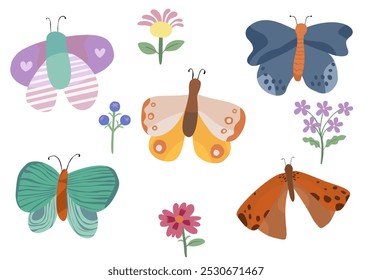 A delightful vector illustration featuring colorful butterflies and flowers. Each butterfly has a unique design with soft pastel and warm tones, complemented by delicate floral elements.