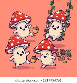 A delightful vector illustration featuring four adorable red-capped mushroom characters playing together with acorns and a leaf swing in a whimsical forest setting.