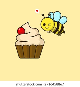 Encantadora Ilustración vectorial con una abeja de miel feliz saboreando un cupcake colorido.
