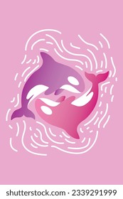 A delightful vector illustration featuring orcas in Barbie style, combining the charm of marine life in pink-purple colors