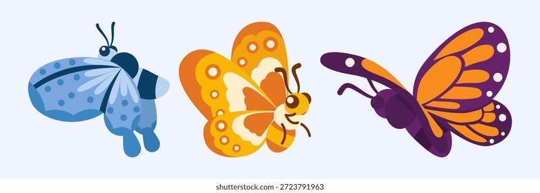 Uma ilustração vetorial deliciosa com um trio de borboletas coloridas vibrantes, cada uma com seu próprio padrão único e design encantador. Perfeito para projetos de natureza.
