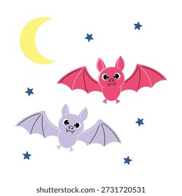 Ilustração vetorial deliciosa com dois morcegos fofos voando sob uma lua crescente, cercados por estrelas cintilantes.