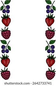 Delightful vector illustration featuring a vertical border design of vibrant strawberries, raspberries, and blueberries, perfect for summer-themed projects.