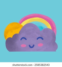 delightful vector illustration of a fluffy cloud with a happy smile and a colorful rainbow.