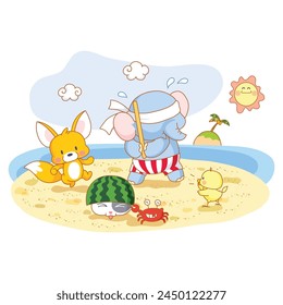 Delightful Vector Illustration of Fox, Chicken, Cat, Elephant, Crab, and Watermelon Celebrating Summer Holiday at the Beach on a White Background