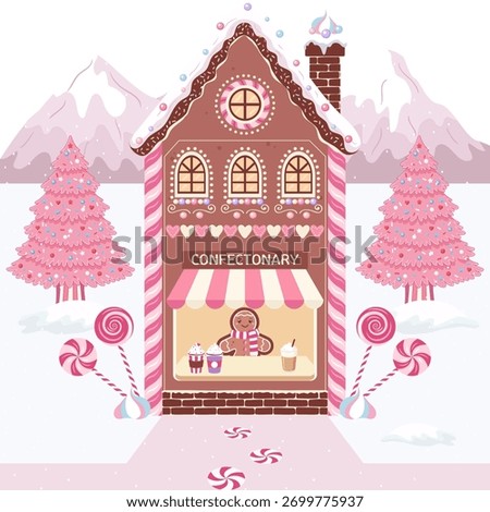 A delightful vector illustration of a gingerbread confectionary shop with a striped awning, a gingerbread man inside, lollipops, a pink Christmas tree, and snowy mountains under a pink sky