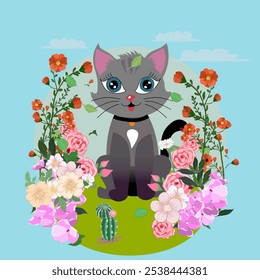 delightful vector illustration of a lovable black cat surrounded by colorful flowers, designed as a charming print for T-shirts, celebration templates, posters, and banners."