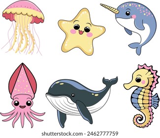 A delightful vector illustration of marine life with a whimsical touch, featuring an orca, squid, jellyfish, and more, ideal for stock sales and educational materials.