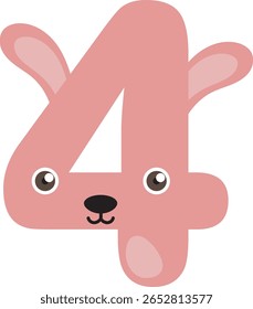 A delightful vector illustration of the number four, playfully designed to resemble a cute pink bunny with long ears, a small nose, and adorable eyes.