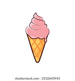 A delightful vector illustration of a pink ice cream cone with a crisp waffle cone. The simple and playful design makes it ideal for dessert menus, summer promotions, or fun food-related graphics.