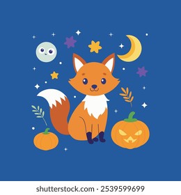 A delightful vector illustration of a playful Halloween fox under a moonlit night, adding charm to festive and seasonal designs with a touch of whimsy.