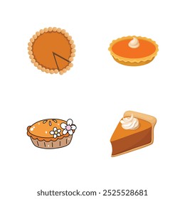 A delightful vector illustration of a pumpkin pie set, featuring whole pies, slices, and whipped cream toppings