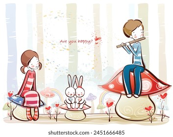 A Delightful Vector Illustration of a Romantic Couple in a Cute Cartoon Style, Accompanied by a Charming Bunny