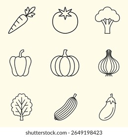 A delightful vector illustration showcasing a variety of vegetables including a carrot, tomato, broccoli, bell pepper, pumpkin, garlic, leafy green, zucchini, and eggplant