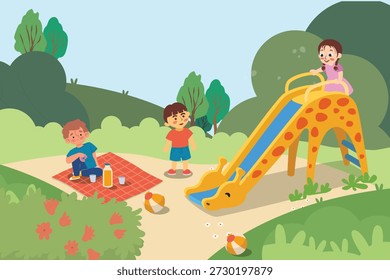 Una deliciosa Ilustración vectorial que muestra a dos niños felices jugando en un parque infantil. Una chica está subiendo a un tobogán con temática de jirafa linda, mientras que otra chica está balanceándose felizmente en un columpio. El fondo es un exuberante paisaje verde con colinas ondulantes, árboles y arbustos bajo un cielo despejado. Esta alegre ilustración de estilo de dibujos animados es excelente para libros infantiles, recursos educativos, decoración infantil y contenido orientado a la familia.