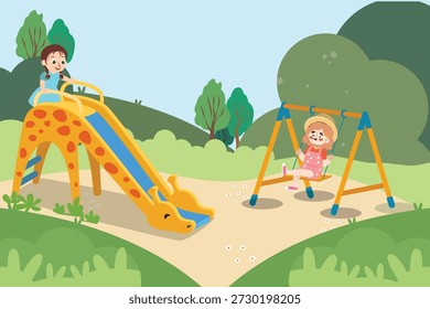 A delightful vector illustration showing two happy young children playing at a park playground. One girl is climbing a cute giraffe-themed slide, while another girl is happily swinging on a swing set. The background is a lush green landscape with rolling hills, trees, and bushes under a clear sky. This cheerful, cartoon-style illustration is excellent for children's books, educational resources, nursery decor, and family-oriented content.