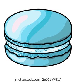 Delightful vector illustration of a single light blue macaron with a detailed textured design, showcasing a unique pastel color palette and a hand-drawn style, perfect for bakery branding or sweet-...