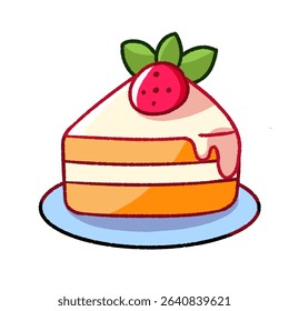 Delightful vector illustration of a slice of layered strawberry cake topped with creamy frosting, a strawberry, and green leaves.