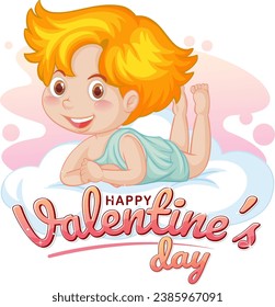A delightful vector illustration of a sweet angel resting on a cloud, accompanied by a joyful Valentine's Day icon banner
