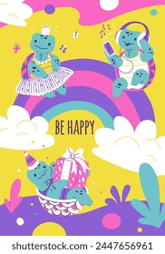 Delightful vector illustration of turtles enjoying life, with one dressed as a princess, another grooving to music, and one celebrating a birthday, under the Be Happy mantra.