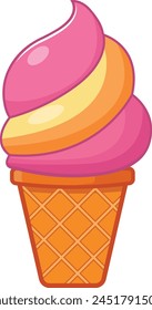 A delightful vector illustration of a waffle cone filled with two scoops of creamy pink and orange ice cream with a playful swirl.