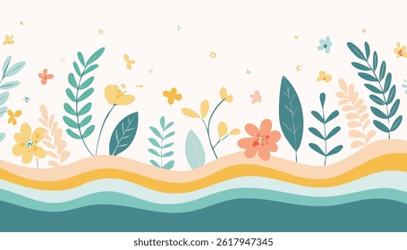 delightful vector pattern featuring whimsical flowers, leaves, and wavy stripes in a charming pastel color palette perfect for spring and botanical designs