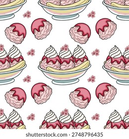 Delightful vector pattern of strawberry ice cream sundaes and scoops with cherry blossoms
