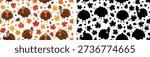 A delightful vector seamless pattern designed specifically for the Thanksgiving holiday and the full autumn season. This festive background features cute cartoon turkeys, some wearing traditional pilgrim hats, interspersed with colorful maple leaves, oak leaves, acorns, and small pumpkins, capturing the essence of the harvest. This highly functional, tile able design is perfect for high-budget commercial uses such as fabric printing, wrapping paper, holiday invitations, packaging, greeting cards, and digital marketing materials. The included high-contrast black silhouette version provides maximum versatility for different creative and commercial projects. This design delivers a cheerful and seasonal aesthetic that resonates with joy and warmth.