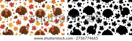A delightful vector seamless pattern designed specifically for the Thanksgiving holiday and the full autumn season. This festive background features cute cartoon turkeys, some wearing traditional pilgrim hats, interspersed with colorful maple leaves, oak leaves, acorns, and small pumpkins, capturing the essence of the harvest. This highly functional, tile able design is perfect for high-budget commercial uses such as fabric printing, wrapping paper, holiday invitations, packaging, greeting cards, and digital marketing materials. The included high-contrast black silhouette version provides maximum versatility for different creative and commercial projects. This design delivers a cheerful and seasonal aesthetic that resonates with joy and warmth.