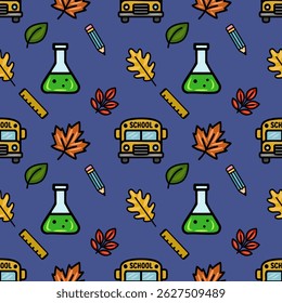Delightful vector seamless pattern featuring a playful mix of school supplies, autumn leaves, and a cheerful school bus, perfect for back-to-school designs.