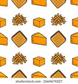 Vetor delicioso padrão sem costura com ilustrações desenhadas à mão de cubos de queijo, fatias de cheddar, bolachas crocantes e queijo picado, criando um design vibrante e apetitoso.