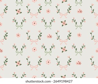 A delightful vector seamless pattern showcasing a repeating design of floral elements and bows, perfect for decorative applications