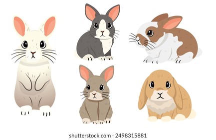 Un encantador conjunto de Vectores con adorables personajes de conejitos en varias poses y colores. Cada conejo está diseñado con características lindas y expresivas