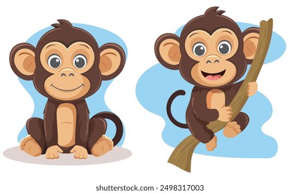 A delightful vector set featuring adorable cartoon monkeys in various playful poses. This charming illustration showcases the monkeys with big, expressive eyes and friendly smiles