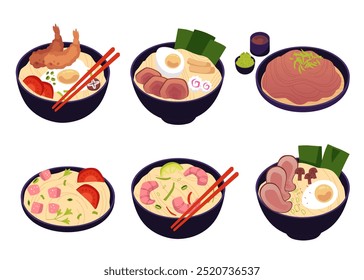 A delightful vector set of ramen bowls with noodles, champignons, seaweed and shrimp, complemented by chopsticks, on a uniform white background.