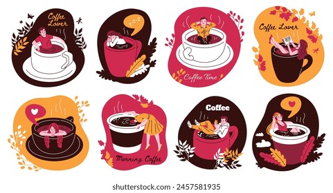 Delicioso set de Vector que muestra a los entusiastas del café disfrutando de su tiempo en tazas de gran tamaño, rodeados de Elementos decorativos y tonos cálidos