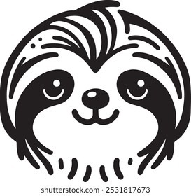 A delightful vector silhouette of a cute sloth head, featuring a round face, sleepy eyes, and a soft smile. The smooth lines highlight the sloth’s relaxed and laid-back demeanor, capturing its adorabl