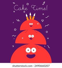 A delightful and vibrant birthday card depicting a tiered cake character with candles on a purple background, with "Cake Time!" text.
