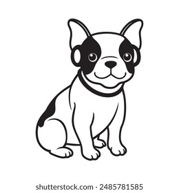 A delightful and vibrant illustration of a cheerful golden full body Boston Terrier with headphones, appears to be enjoying some lively music as it sits on a clean, white background.
