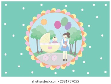 delightful, a walk, stroll, exercise, printable, sisterhood, little boy, child, book cover, artwork, paper art, landscape, fresh, fresh air, blue sky, sunny, verdant, greenery, warm heart, circle cent