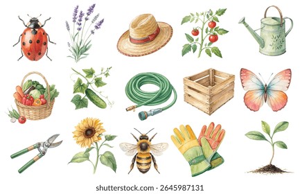 A delightful watercolor clipart bundle featuring hand-painted gardening essentials and nature elements. Includes a ladybug, lavender, sunflowers, butterfly, honeybee, gloves, watering can, tomatoes.